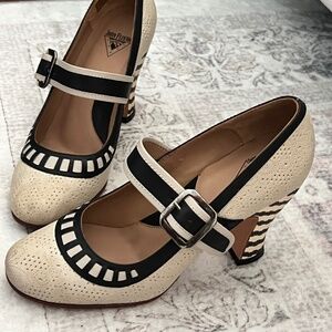 John Fluevog Mary Jane miracles resurrection buckled cream black leather heels